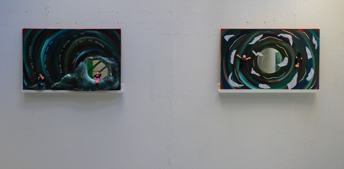 Circle of Friends, All Alone Now... Glazed acrylic and mixed media on plasterboard, 97 x 61cm; Apparently I'm Being Very Unreasonable. Glazed acrylic and mixed media on plasterboard, 97 x 61cm