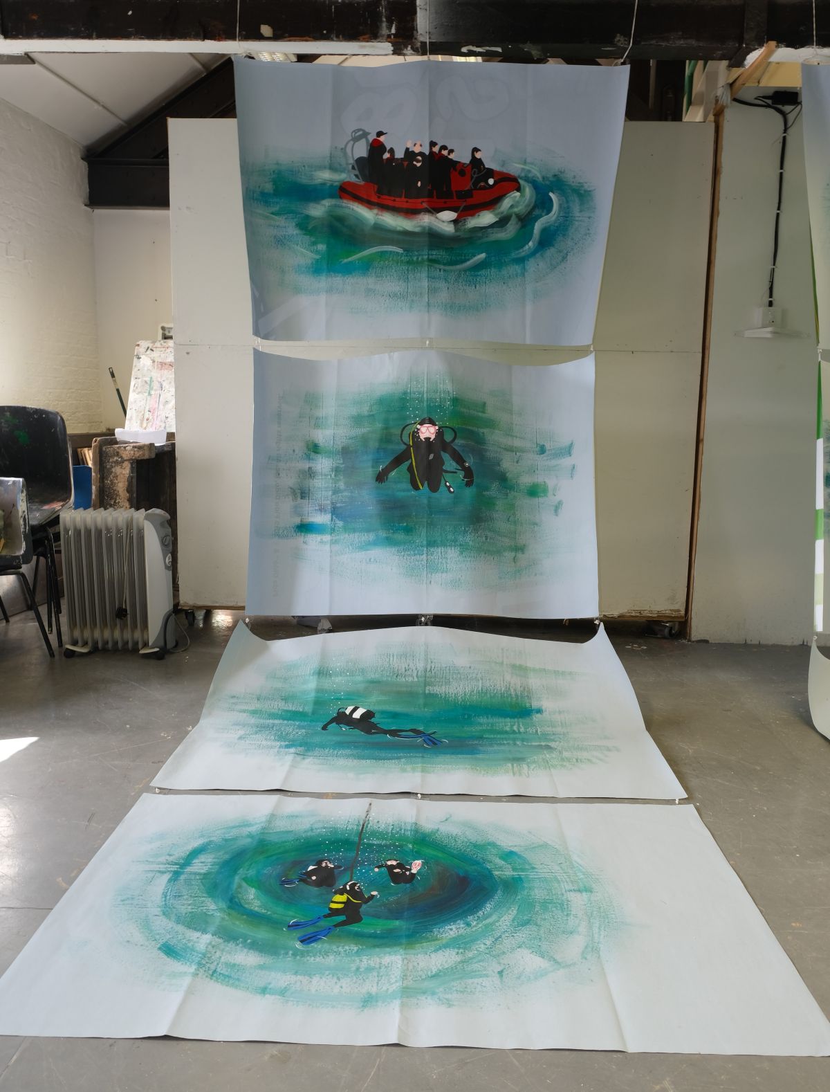 I've Been a Diver for 1/3 of My Life. Acrylic on advertisement paper, 446 x 151cm