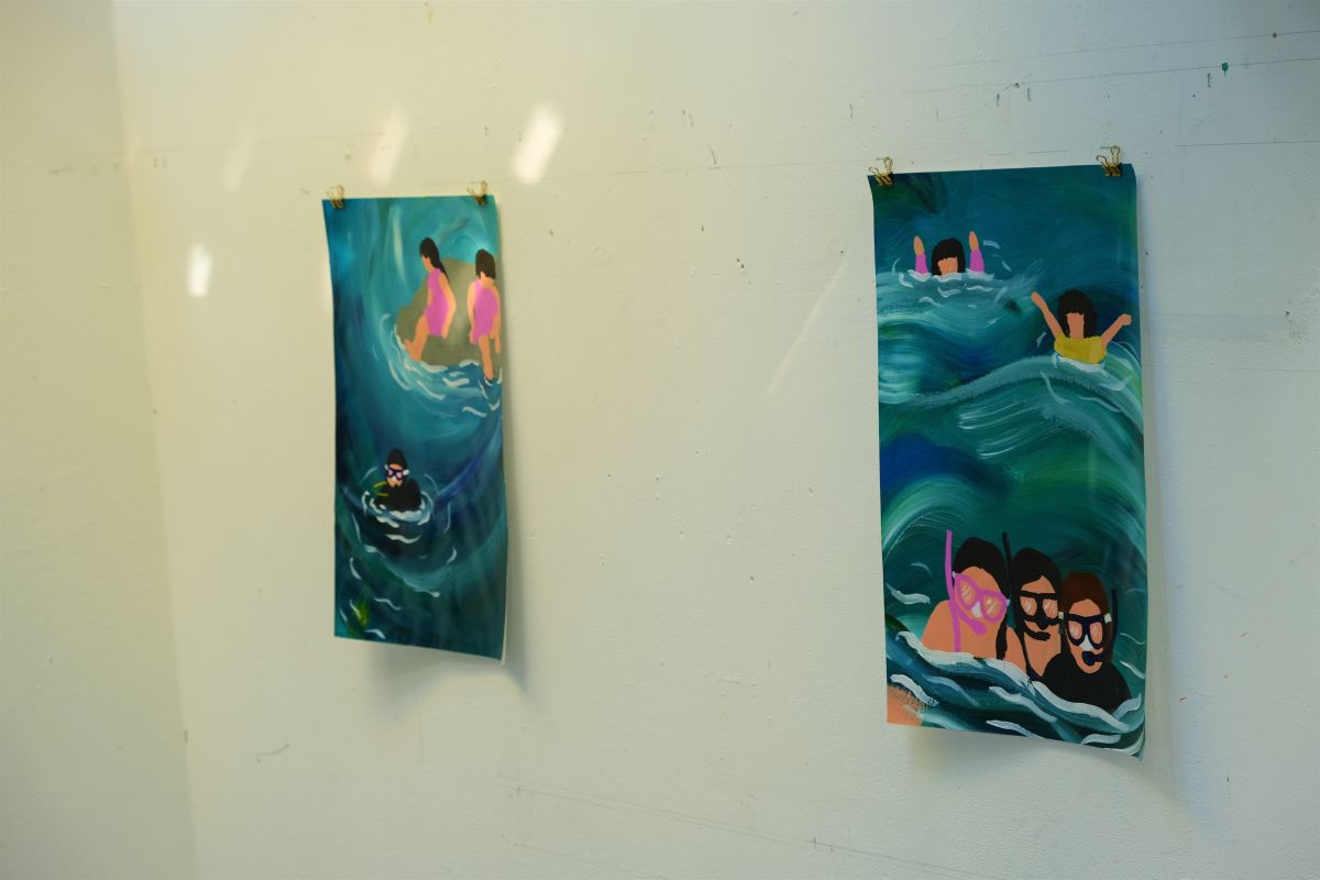When I Grow Up I Want to be a Mermaid. Glazed acrylic on paper, 40 x 56cm; Family Photos at Sea. Glazed acrylic on paper, 40 x 56cm