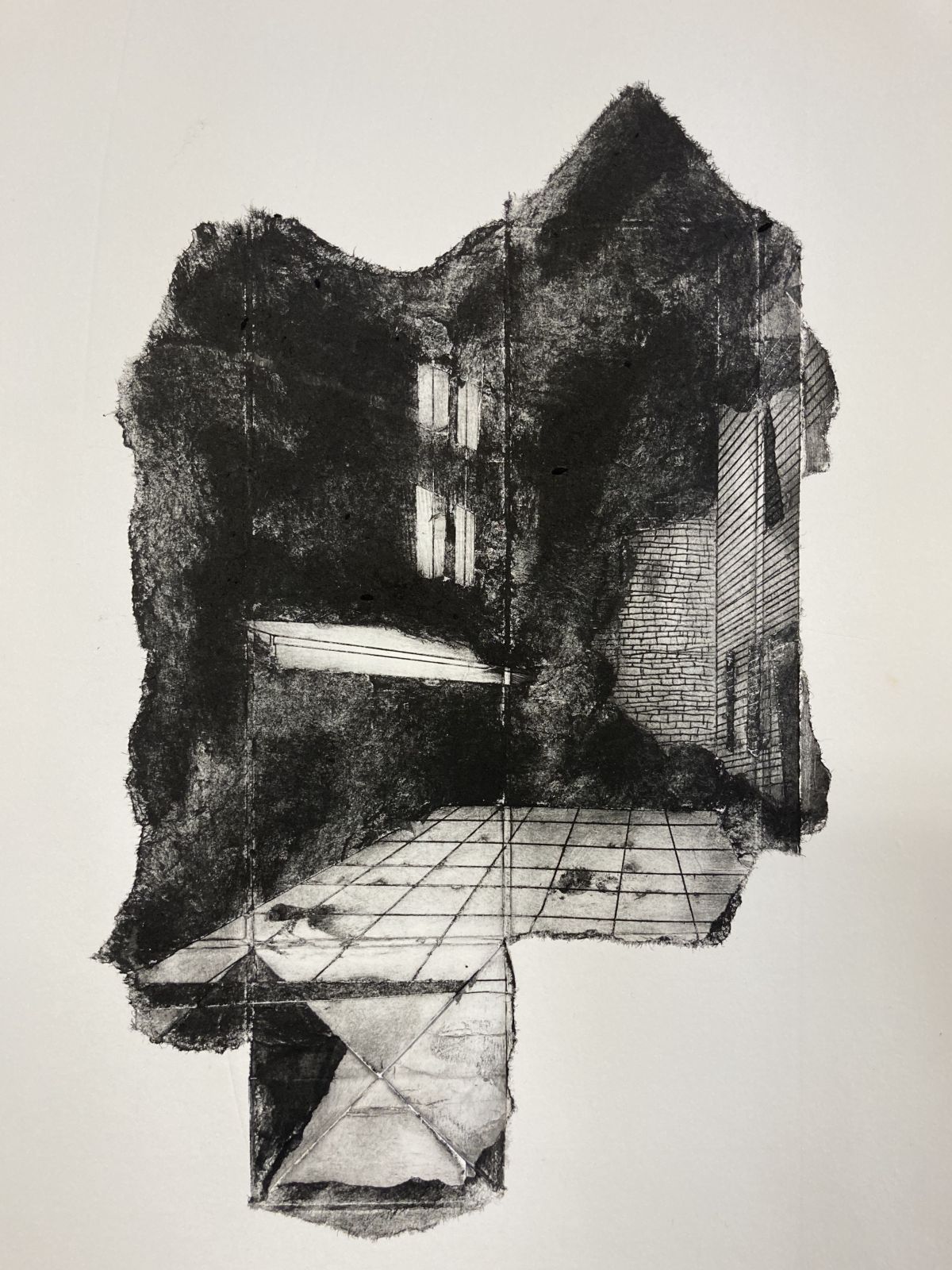 IFI backyard. Intaglio. Located in Temple Bar, the IFI Café bar has been mostly abandoned during the pandemic. Part of an experimental print series using Tetrapak plates